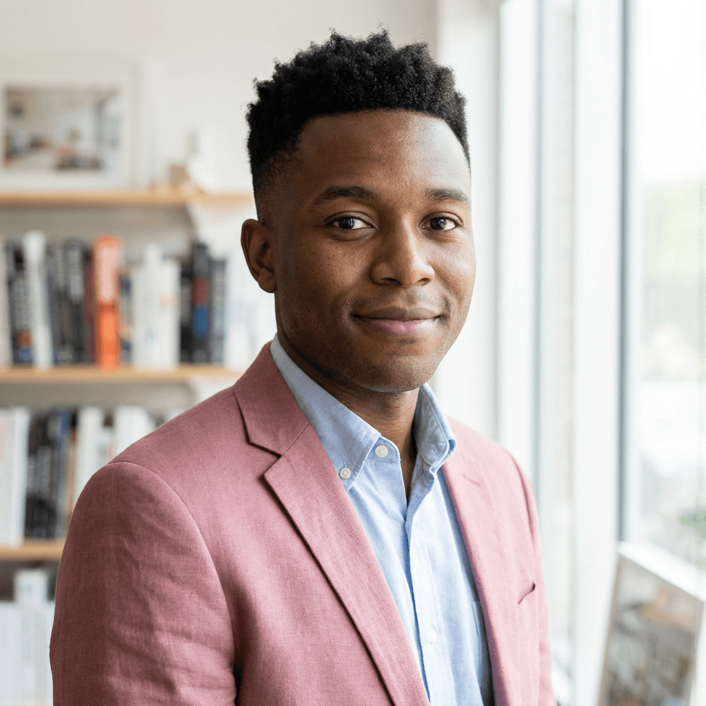 Professional businessman standing in a renovated office space
