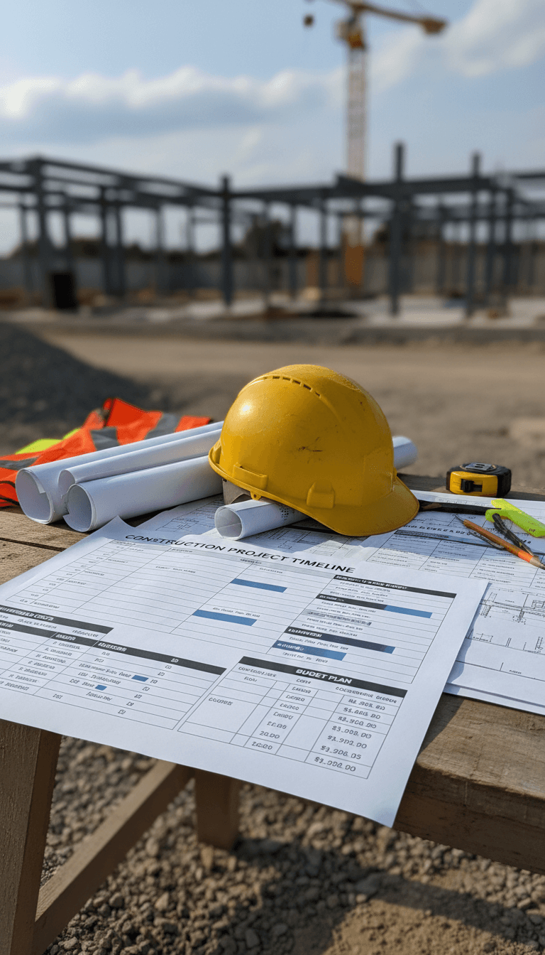 Construction plans and budget documents on a job site with a hard hat