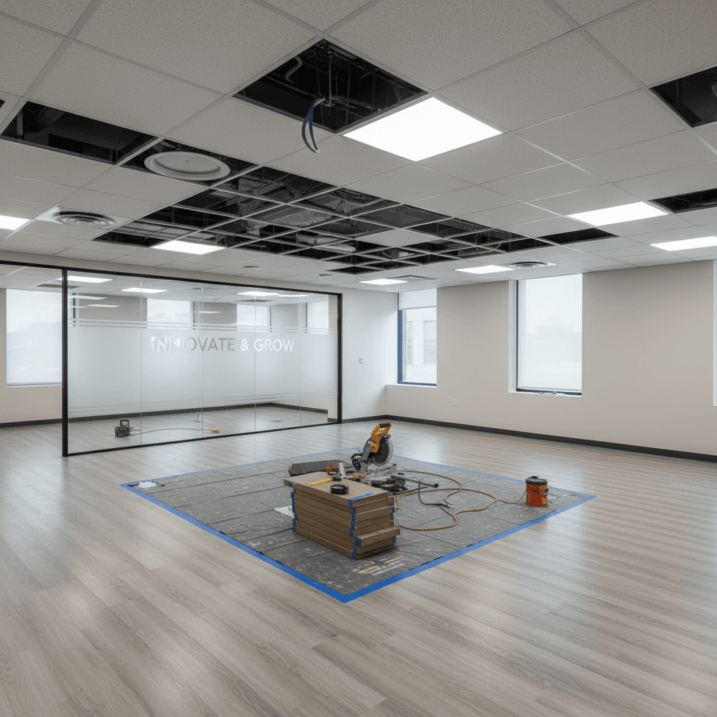 Commercial office space under renovation with new lighting