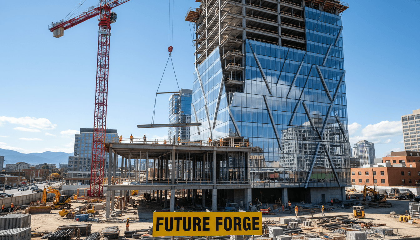 Construction site with crane and workers building a modern structure