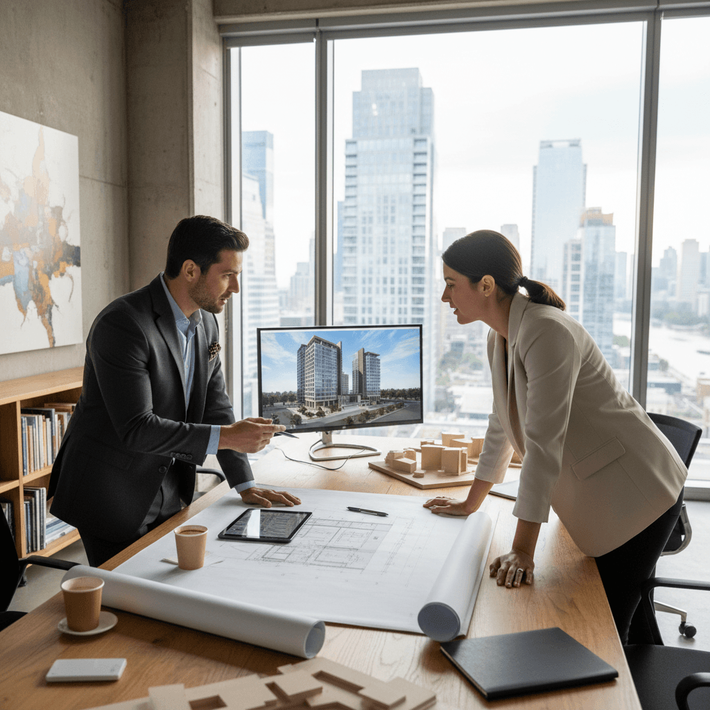 Architect and developer discussing building plans