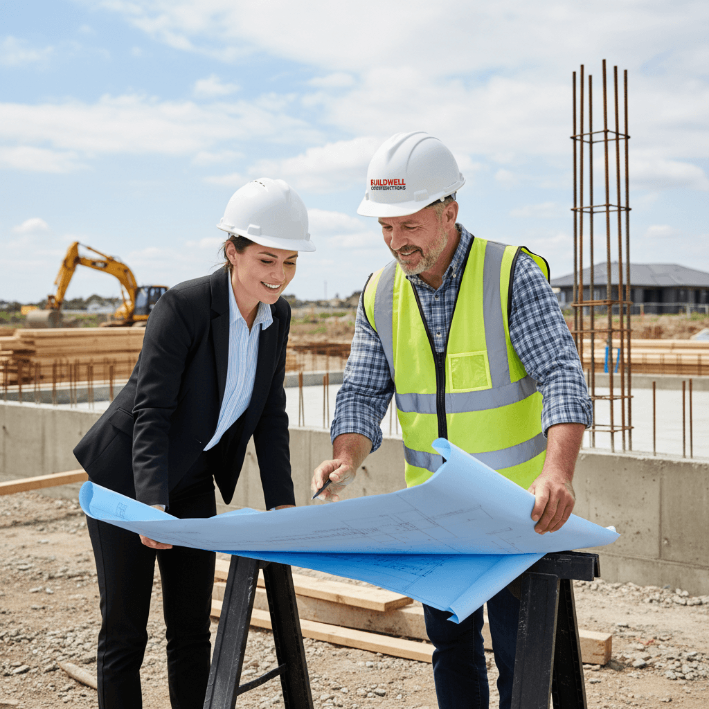 Contractor reviewing blueprints with client on site