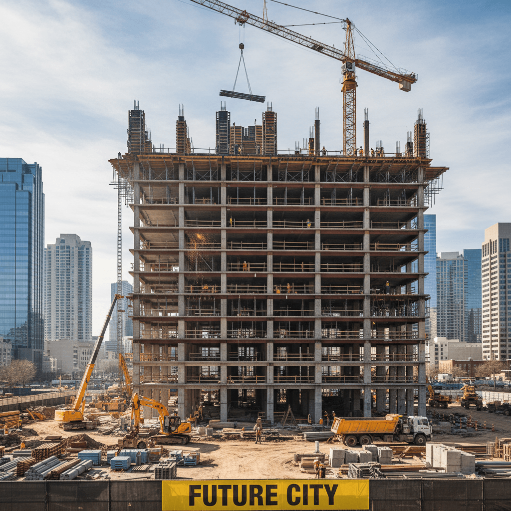 Active construction site with building framework