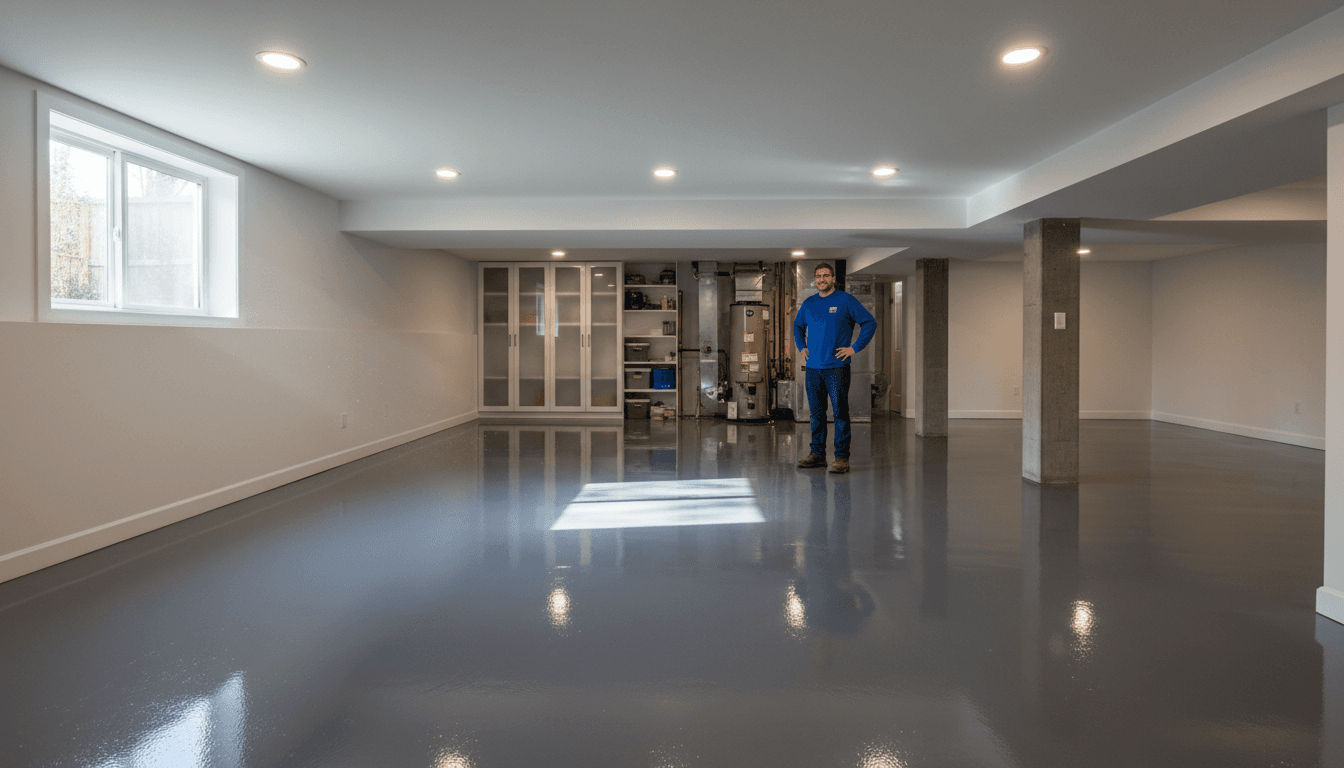 Renovated basement with new flooring and lighting