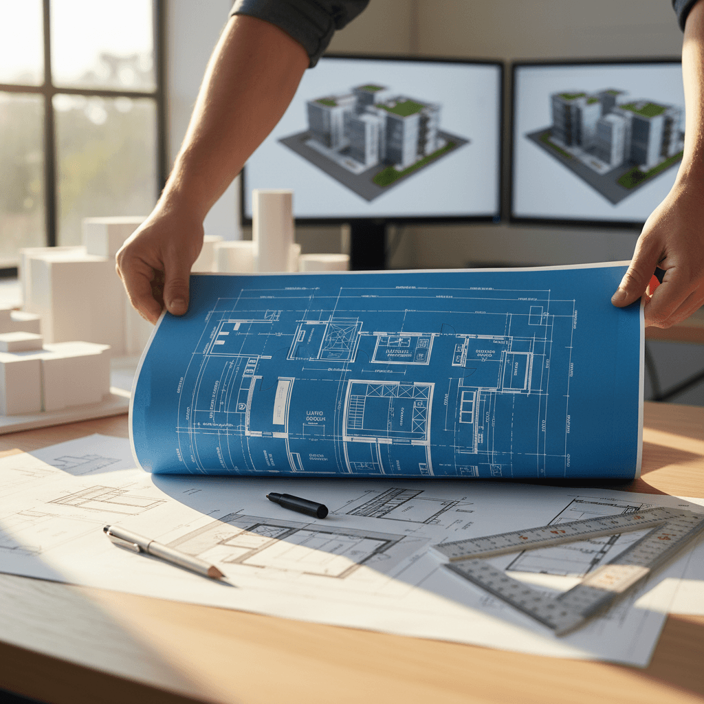 Architectural plans and drawings on a work table