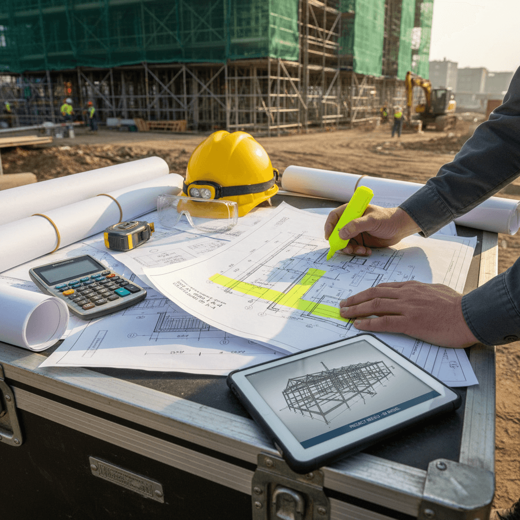 Project manager reviewing blueprints on a construction site