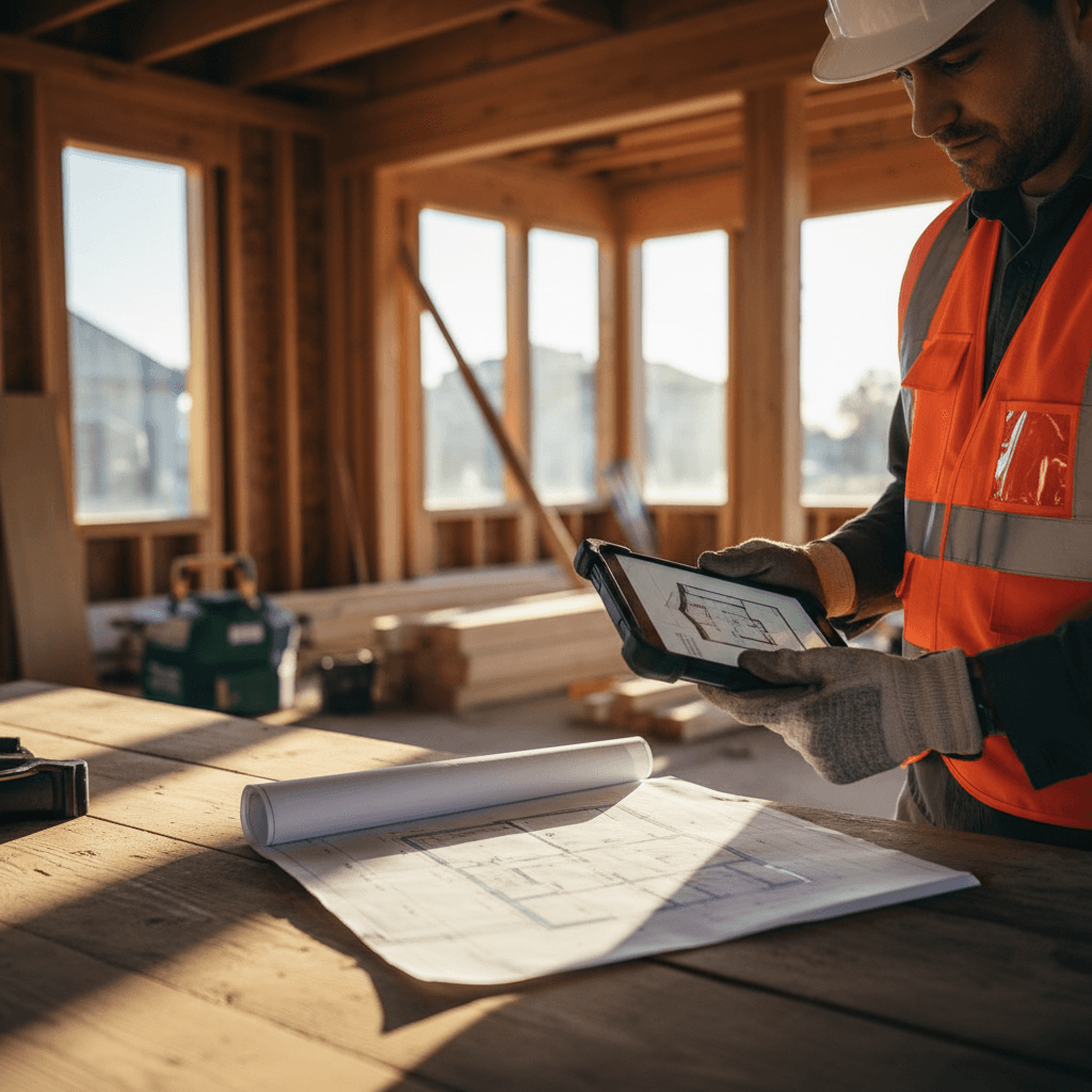 Construction manager reviewing a blueprint on a renovation site