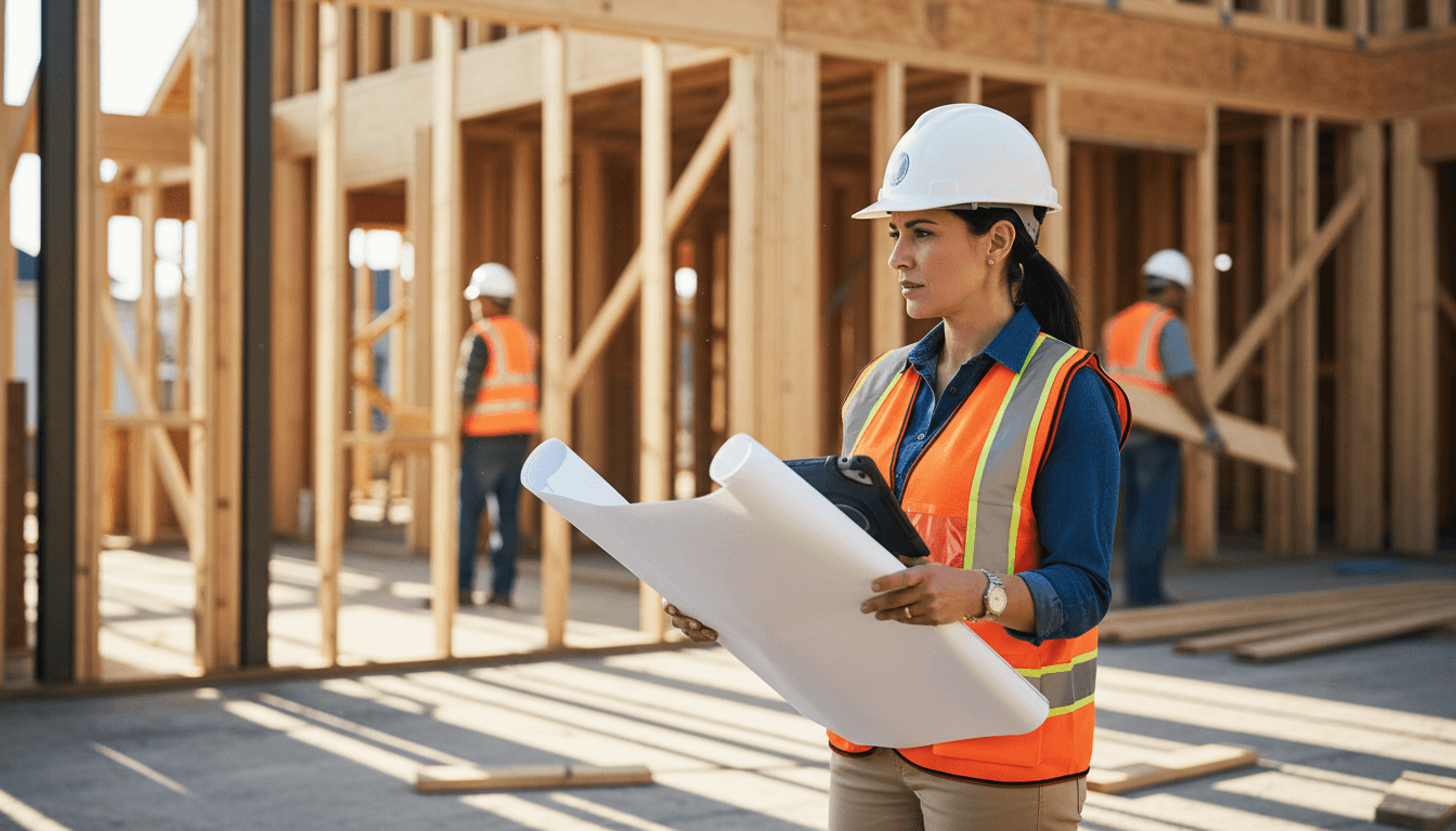 Construction team reviewing blueprints on a Toronto job site